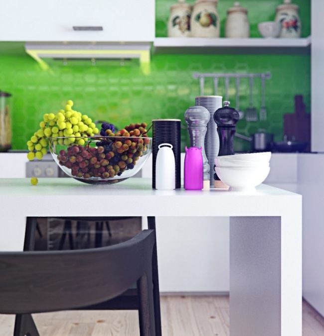 Design køkken lyst-grønt køkken bagvæg-spisebord moderne hvidt-minimalistisk