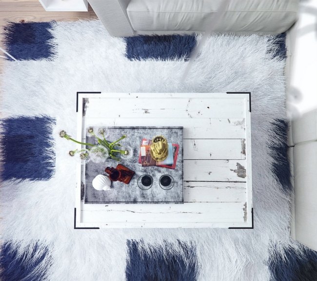 Sofabord moderne design genanvendt træ-vintage hvid-shaggy tæppe-stue tendenser