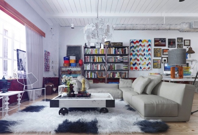 Bohemian living style COLORS interiør stue-3d visualiseringer-shaggy tæppe-hjem tilbehør
