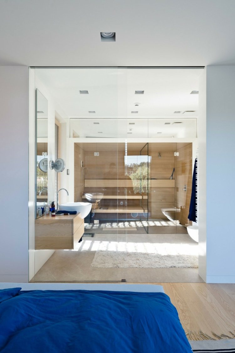 LED-forsænket lys-soveværelse-badeværelse-åbent-glas-væg-vådt celle-træ