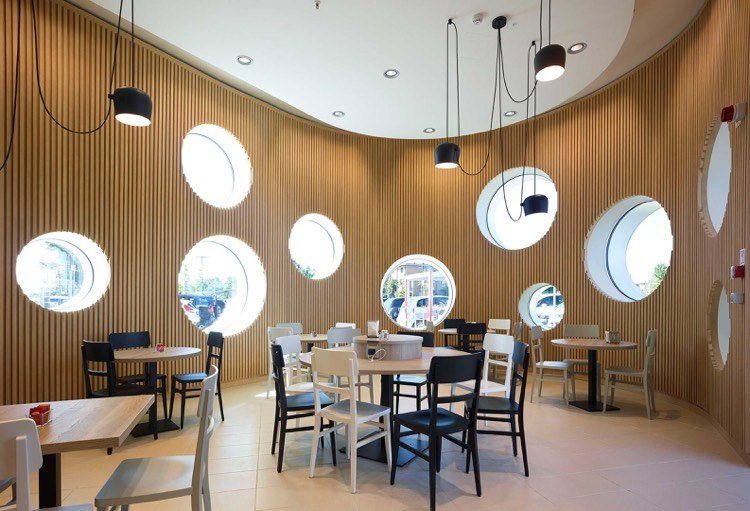 led-vedhæng-lys-sigte-cafe-restaurant-træ-vægbeklædning-runde vinduer