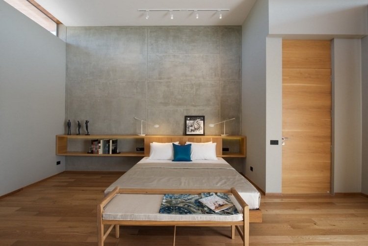 Læselampe på sengen -moderne-soveværelse-betonvæg-træ-minimalistisk sengegavl-vendbar hylde