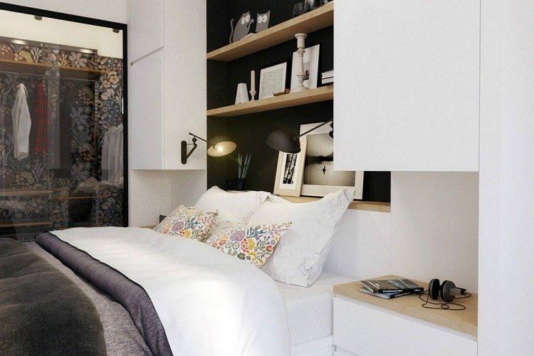 Læselampe på sengen -moderne-soveværelse-minimalistisk-hvid-skandinavisk-sorte-lys-monteret
