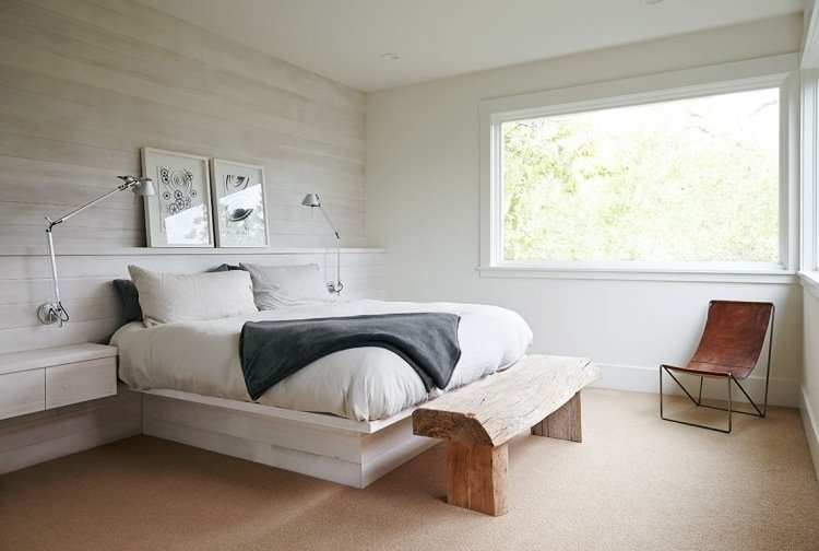 læselampe-seng-moderne-soveværelse-enkel-minimalistisk-træ bænk-vægbeklædning-monteret