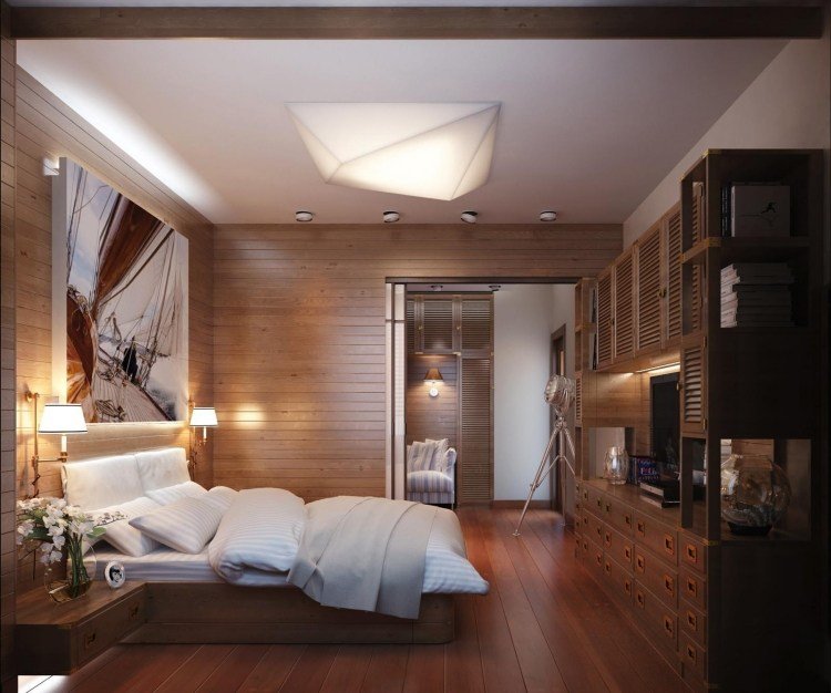 læselampe-seng-moderne-soveværelse-træ-rustik-væg-hylde-vægbeklædning