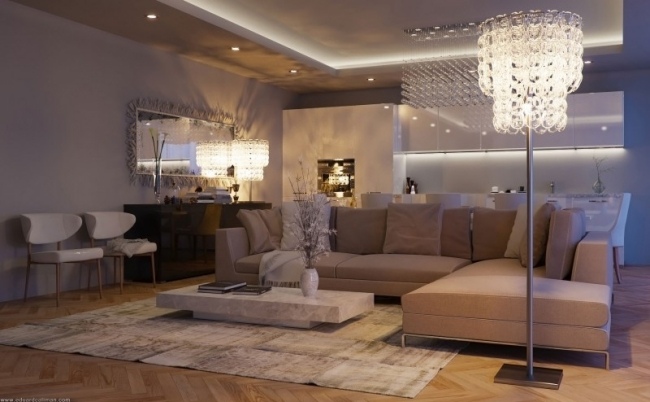 Indretningstæppe, nedhængt loft, indbyggede loftlamper, polstret sofa-moderne