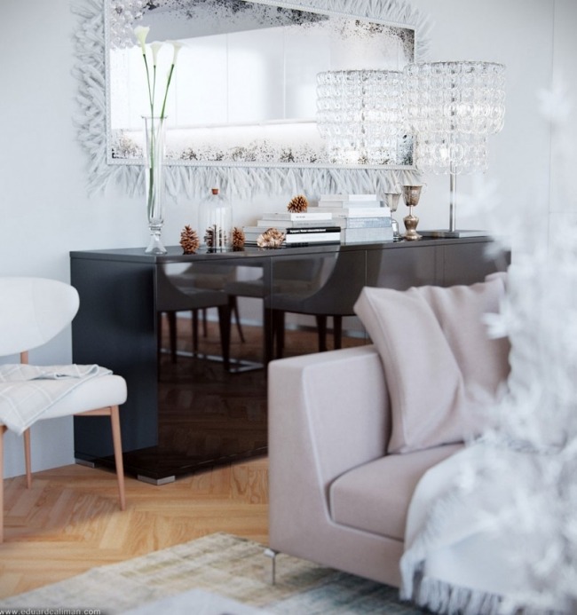 Wohndesign hvid minimalistisk glans skænk højglans spejl stue design ideer