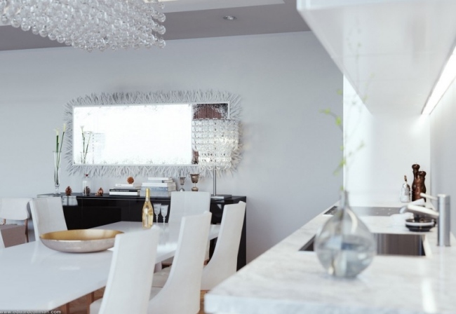 Levende design hvidt køkken indbygget minimalistisk glansoverflade