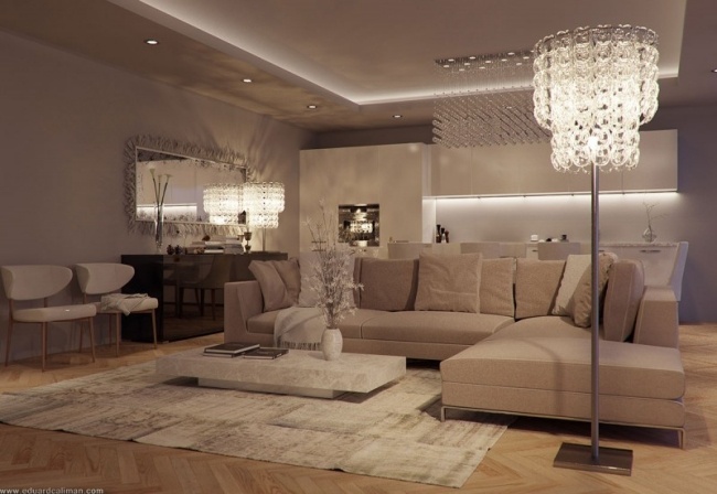 Luksus lejlighed møbler-3d visualisering sofa sæt-design gulvlampe loftstøbning