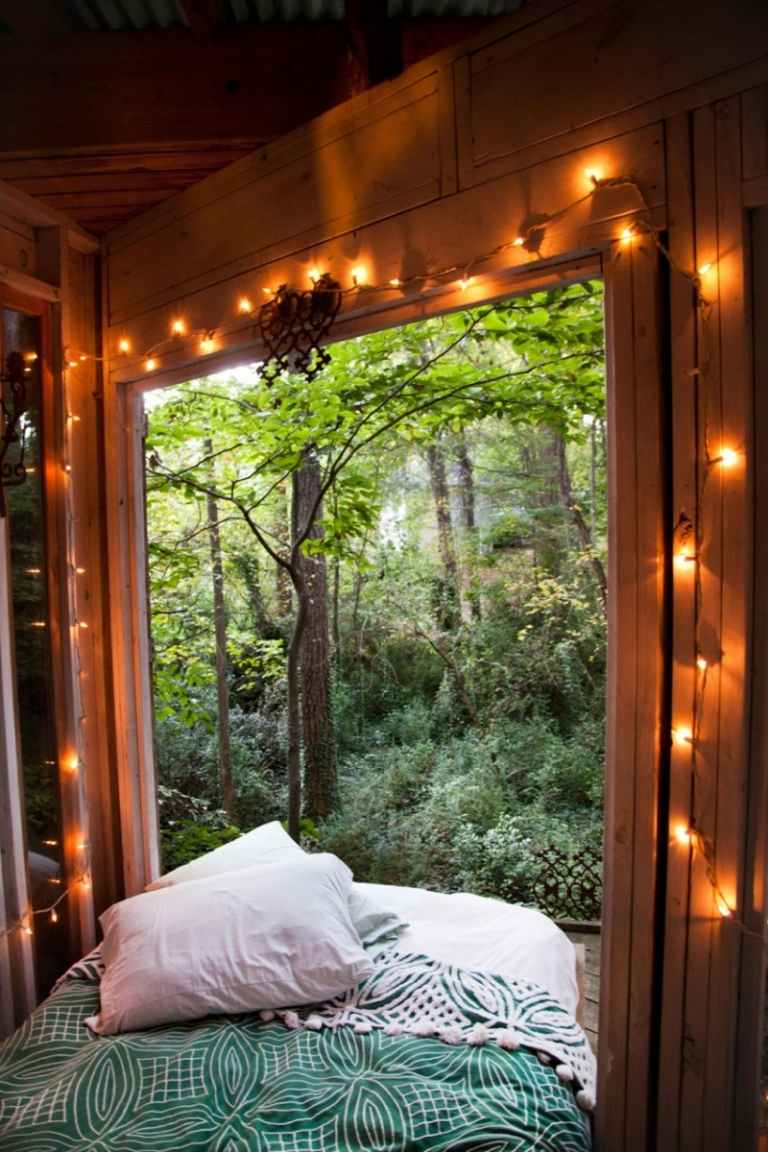 Træhus til stue-soveværelse-fe lys-træ-træer-skov-buske