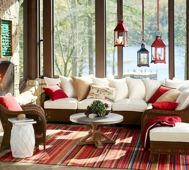 Patio-møbleret gulvtæppe gulv sofa sæt flettet hængende lanterner