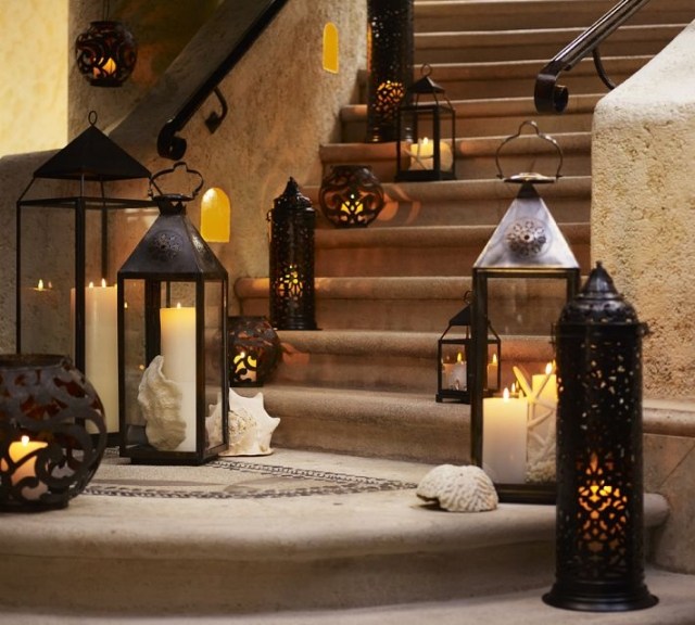 Idéer udendørs trappe dekoration lanterne sæt søjle stearinlys let metal låg