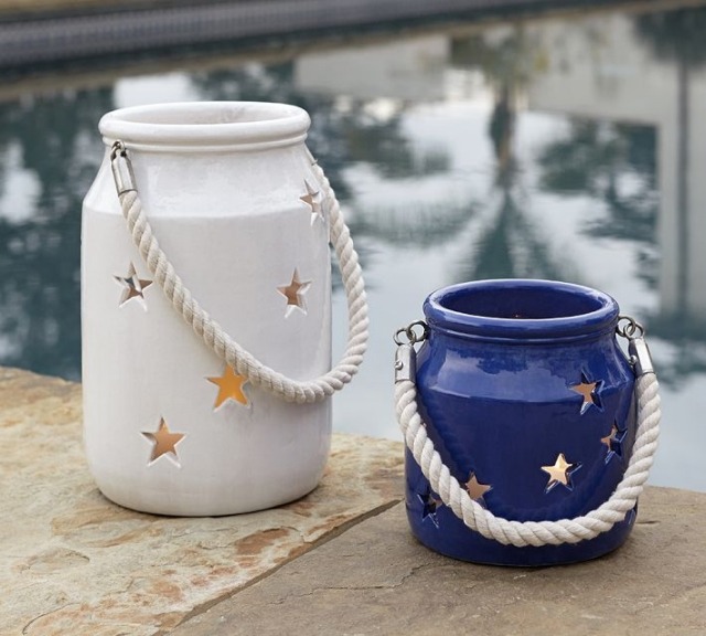 keramikbeholder hvidblå stjerner reb håndtag lanterner gør dig selv