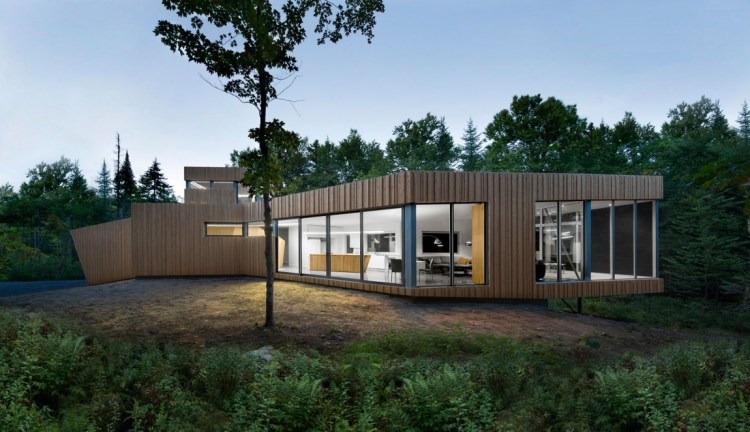 Minimalistisk levende -natur-moderne-hus-arkitektur-fladt tag-træ-facade