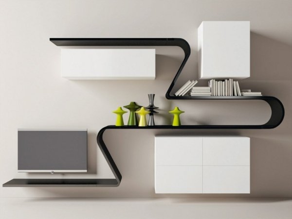 Væghylde design-minimalistisk Wave-Novamobili glanslak sort og hvid