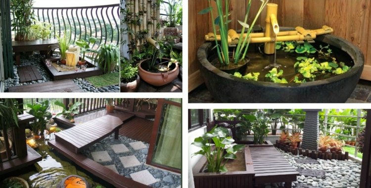 mini dam balkon gulv bygge idé japansk stil bambus springvand