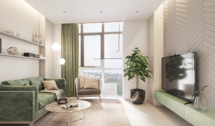 Siddeområde grøn fløjl sofa fløde farve kombination belysning