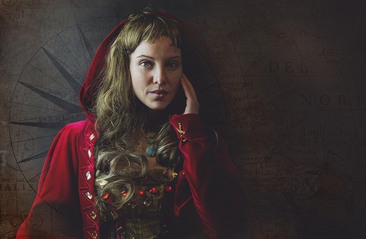 Middelalder tøj kvinde rød frakke kjole strikkede smykker