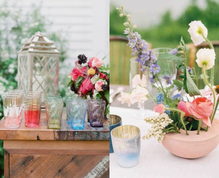 Midtsommer festbord dekoration kopper farverige vase puristisk