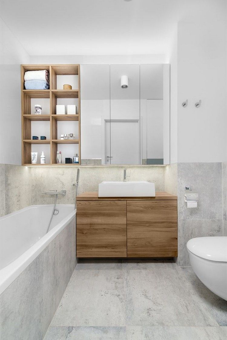 Badeværelse design-fliser-beton-sten-look-træ-hylder-skab-spejl-skab-led-strip