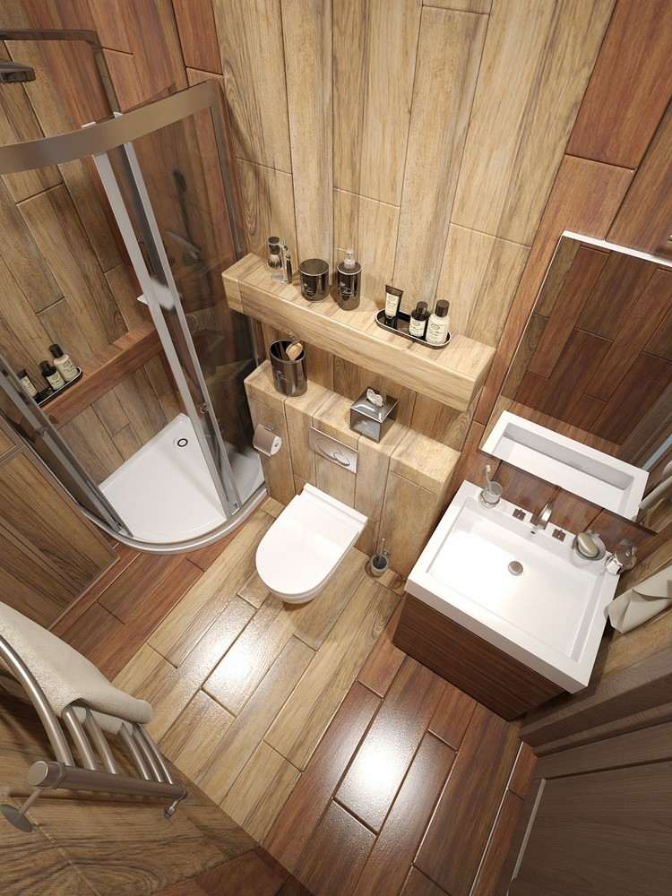 Badeværelsesdesign-lille-badeværelse-fliser-træ-se-hjørne-brusekabine