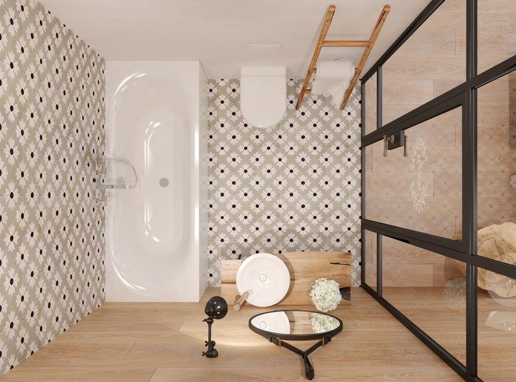 Badeværelse-design-lille-badeværelse-badekar-fliser-blomst-mønster-væg-fliser-træ-look