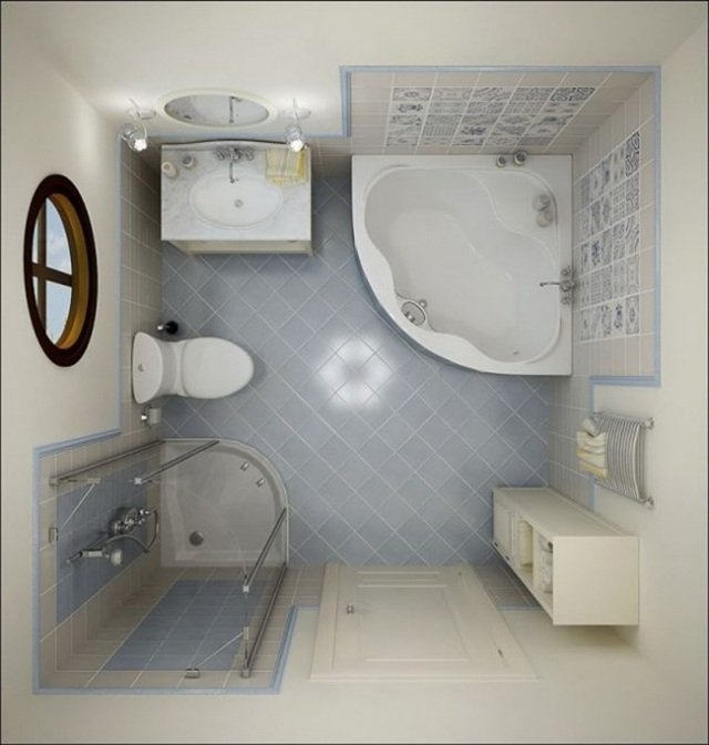 badeværelsesdesign ideer lille-bader-hjørne badekar-placering-badeværelsesmøbler