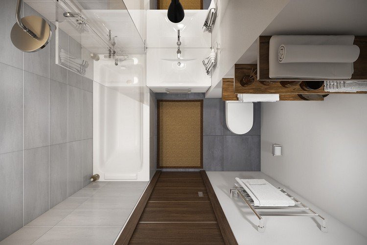 Badeværelse-design-lille-badeværelse-grå-fliser-badekar-glas-skillevæg-træ-hylder