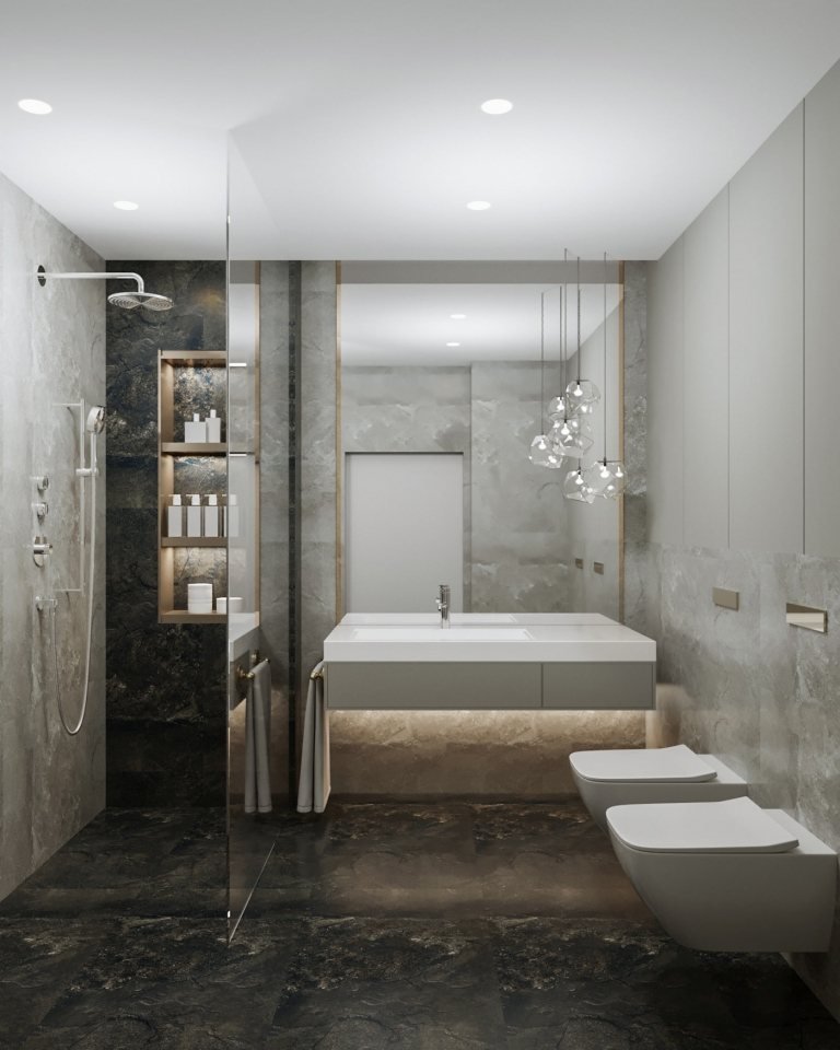 Moderne små badeværelser og billeder af granitgulvene og marmorvægge og indirekte belysning