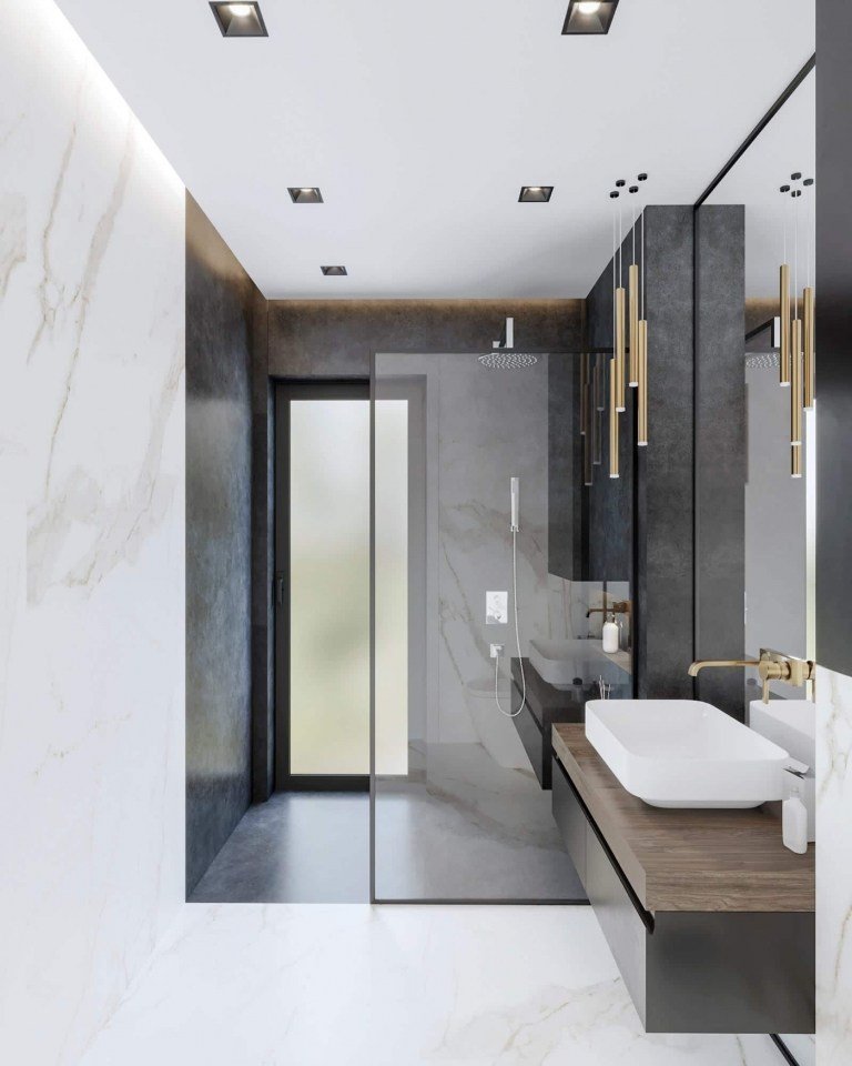 Design moderne badeværelser med kun bruser Ideer i gråt og hvidt Design med nedhængte lofter og væggenheder