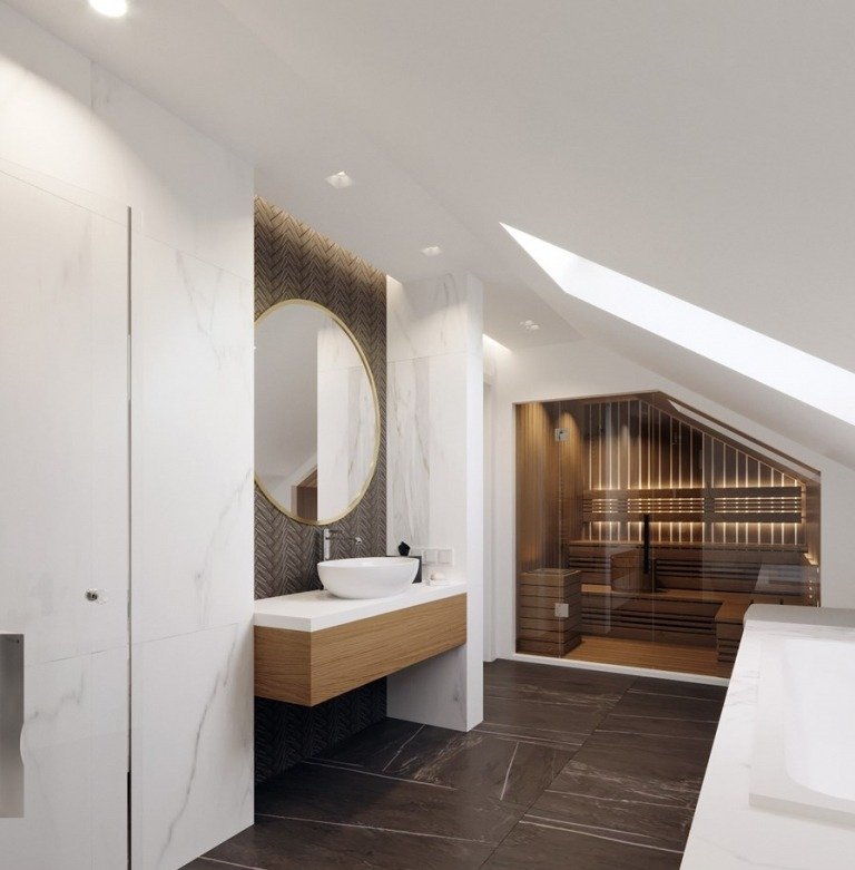 Moderne badeværelser med en sauna under et skråt tag Ideer til design uden fliser