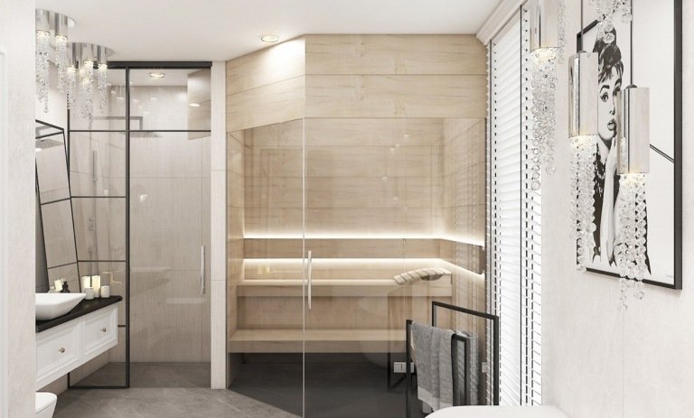 Moderne badeværelser med sauna og brusekabine side om side. Designideer i neutrale farver. Pendellamper med krystaller
