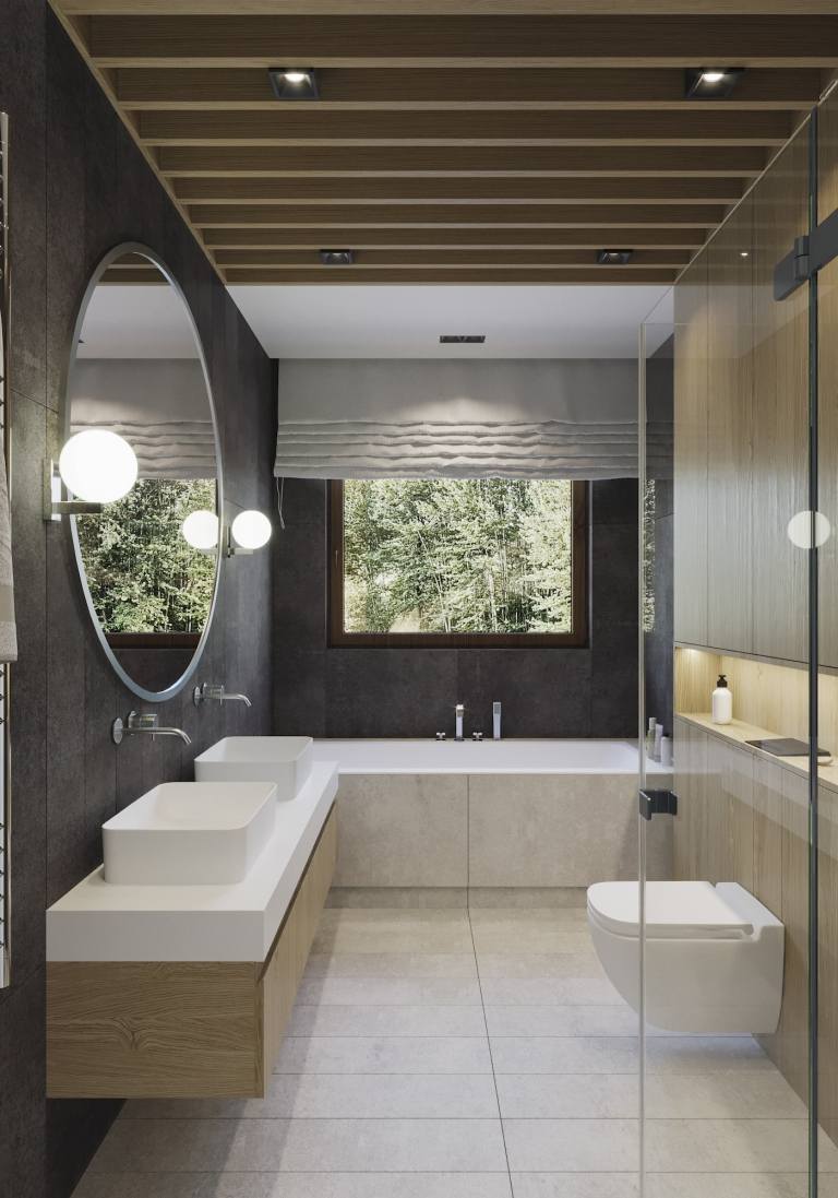 Moderne små badeværelsesbilleder træloft brusekabine lille badekar