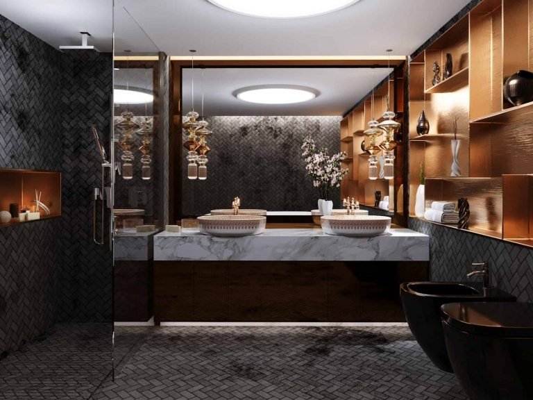 Moderne små badeværelser med mørke gulve og brusekabiner med indirekte belysning