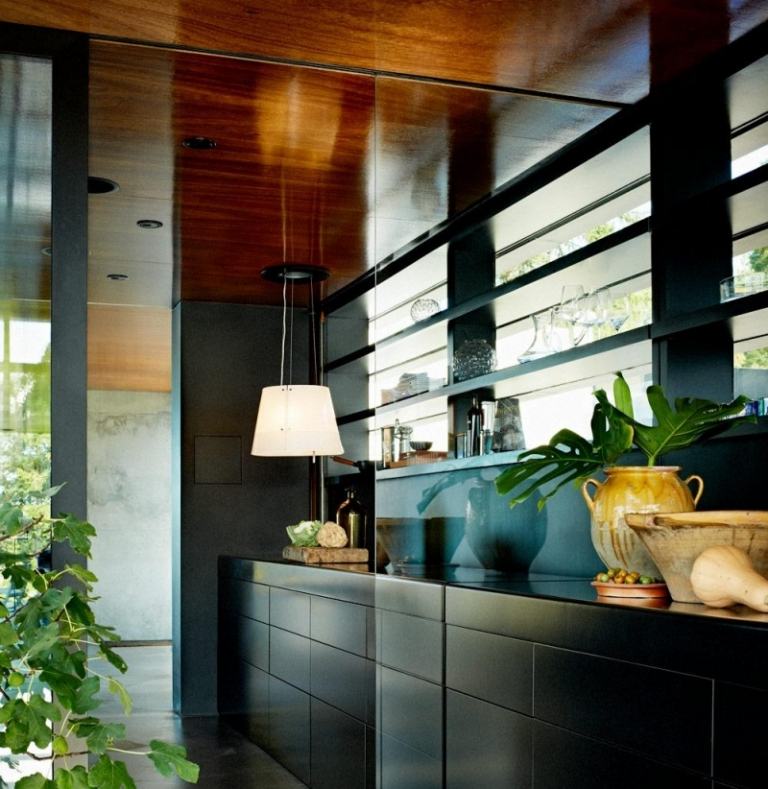 Moderne emhætte-køkken-væg-emhætte-design-træ loft-underskab-grå