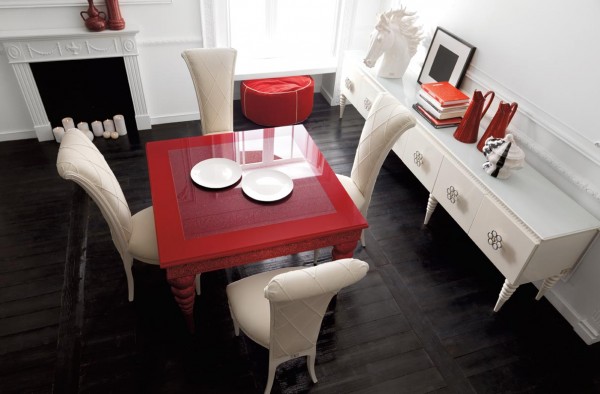 Moderne-spisestue-ideer-rød-spisebord-hvide-læder-stole
