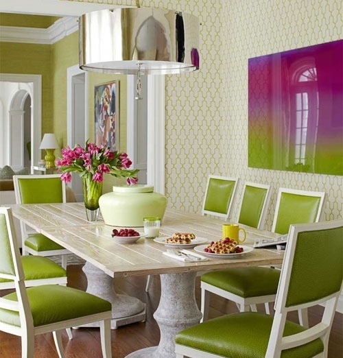 Moderne-spisestue-ideer-grøn-farveskema-grøn-læder-stole