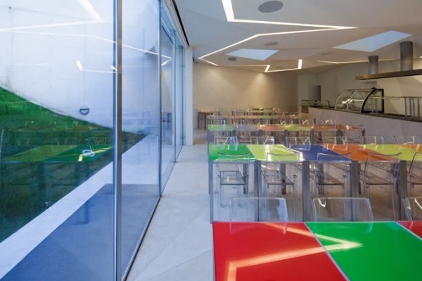 Vodafone kontor portugal cafeteria glasfacade farverige borde akrylstole