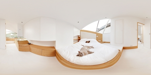 soveværelse minimalistiske hvide træ ovenlysvinduer