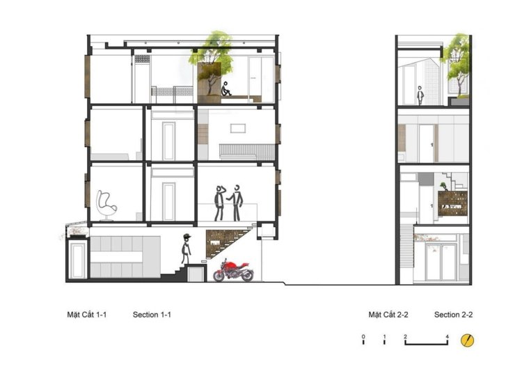 Moderne-værelse-deler-rækkehus-plan-side-udsigt-fire-etager