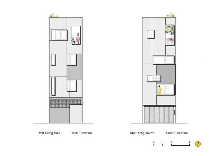 Moderne-rum-opdeler-rækkehus-plan-bag-forfra-udsigt-fire-etager