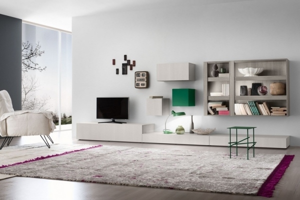 Hvide væg-enhed-hængende reoler-Led-baggrundsbelysning-TV-møbler-klap-dør-skuffer