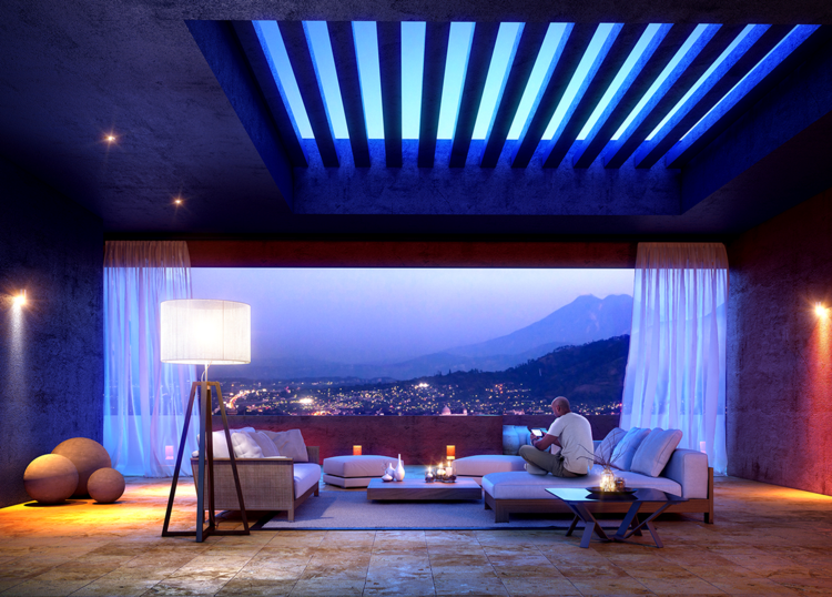 stue moderne neonblå belysning gulvlampe tæppe gardiner