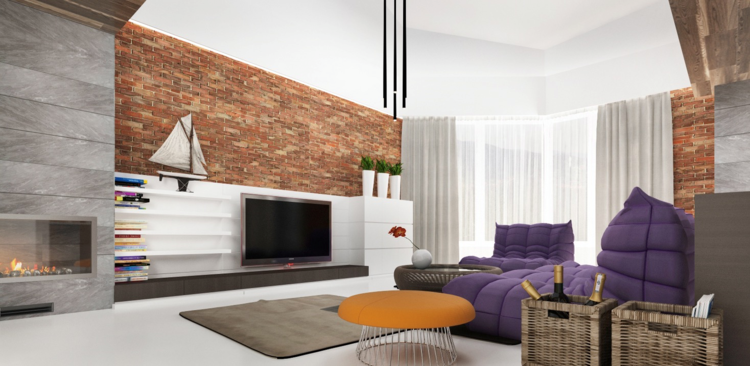 stue moderne lilla sofa sofabord orange lowboard fjernsyn pejs sten