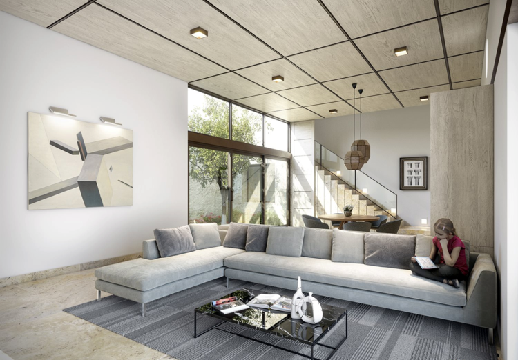 stue moderne hjørnesofa smide puder trapper sofabordstæppe