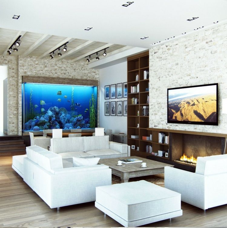 moderne stue sofa sæt hvid pejs hylde akvarium mursten