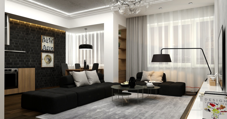 moderne stue sort hvid sofa gulvtæppe grå gulvlampe tapet