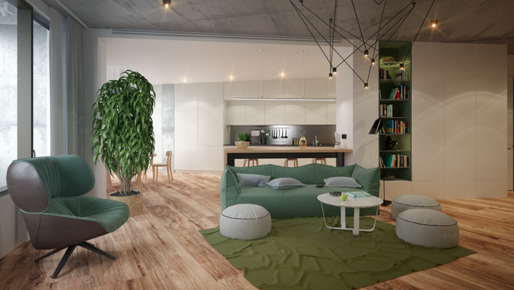 moderne stue grønt tæppe sofa plante lænestol skammel indbygget hylde