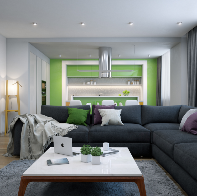 moderne stue mørkegrå sofa sofabord køkken lime højglans