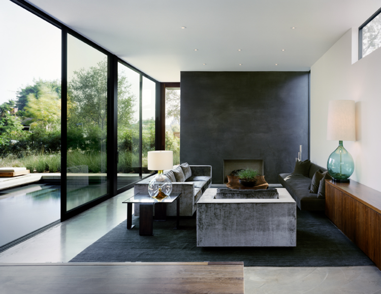 moderne stue design idé monokrom væg sort sofa
